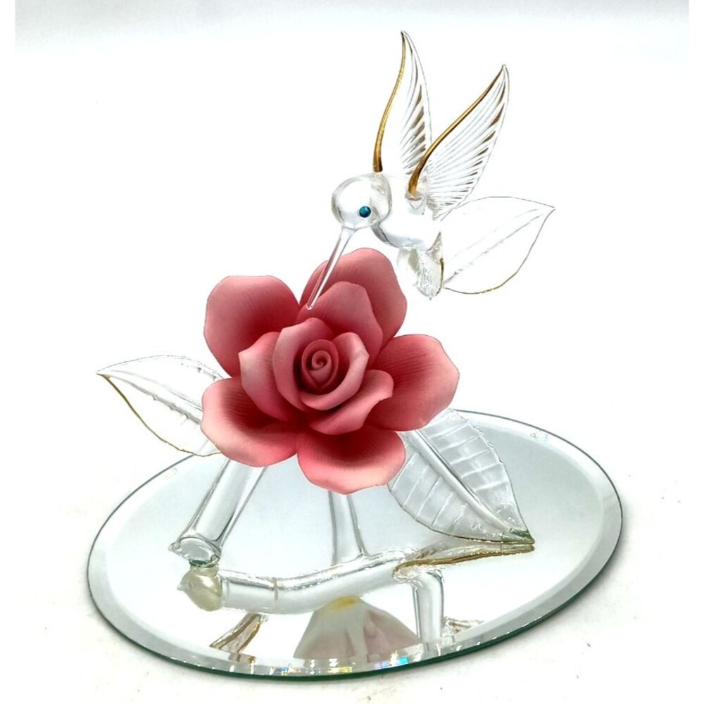 Vtg Glass Baron I998 Hummingbird Figurine  On Oval Mirror Pink Rose Floral